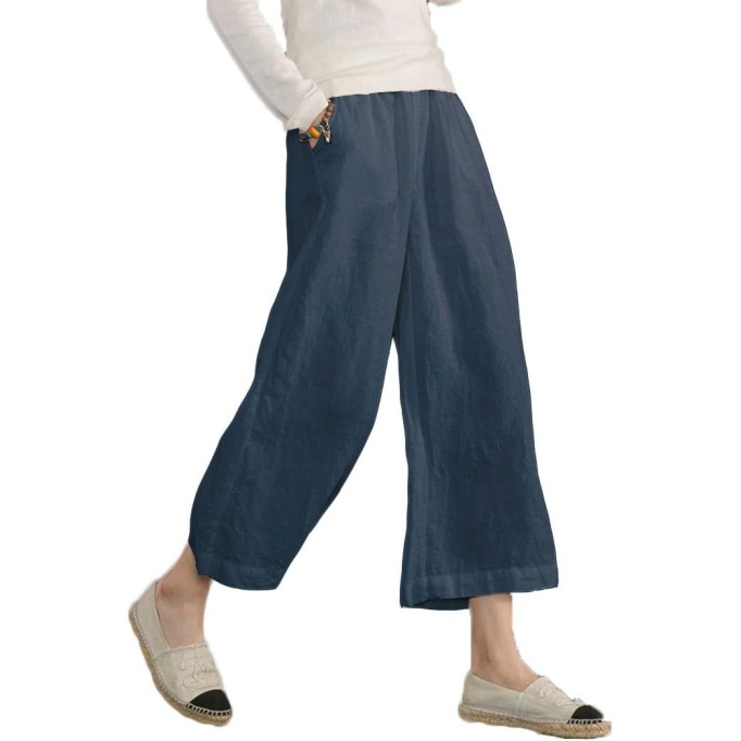 Womens Casual Loose Elastic Waist Cotton Trouser Cropped Wide Leg Pants