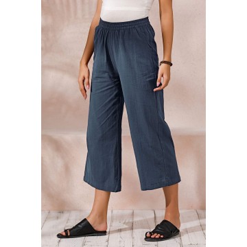 Womens Casual Loose Elastic Waist Cotton Trouser Cropped Wide Leg Pants