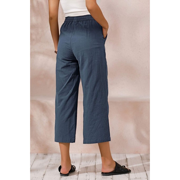 Womens Casual Loose Elastic Waist Cotton Trouser Cropped Wide Leg Pants