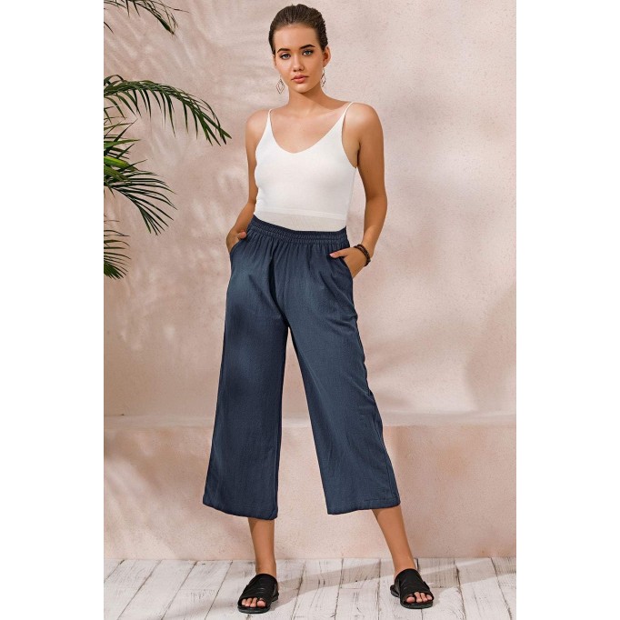 Womens Casual Loose Elastic Waist Cotton Trouser Cropped Wide Leg Pants