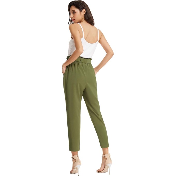 Women's Paper Bag Waist Pants Slim Fit Casual Office Pencil Pants