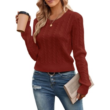 Women's Cable Cropped Sweater Long Sleeve Crewneck Pullover Knit Jumper Top