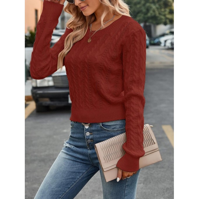 Women's Cable Cropped Sweater Long Sleeve Crewneck Pullover Knit Jumper Top