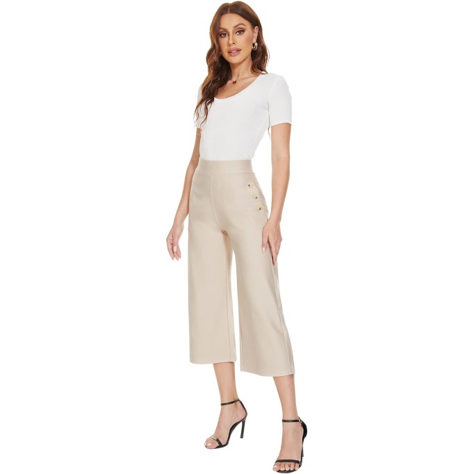  Black Wide Leg Pants for Women Business Casual Dress Pants Stretch High Waist Crop Capris Culotte