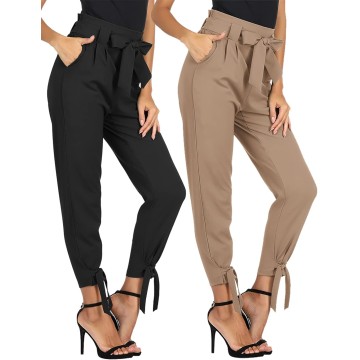 Women's High Waisted Business Casual Work Trousers Smocked Buttom with Belt