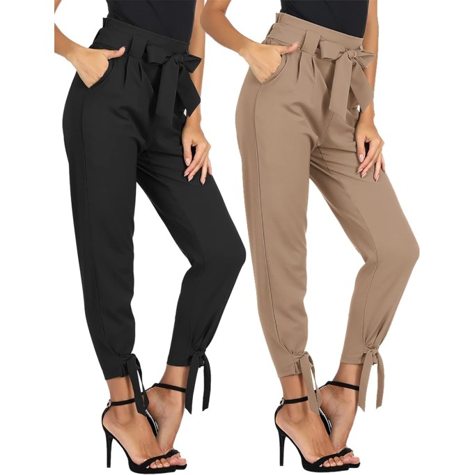 Women's High Waisted Business Casual Work Trousers Smocked Buttom with Belt