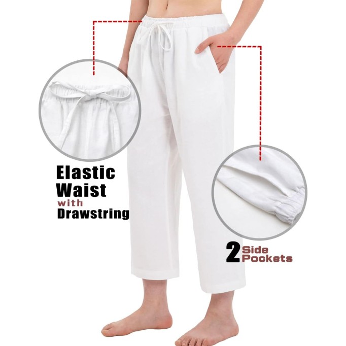 Women's Cotton Linen Drawstring Elastic Waist Loose Wide Leg Cropped Pants with Pockets