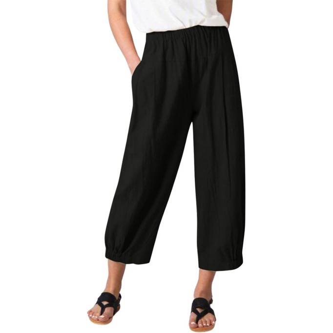 Women's Cropped Harem Pants Elastic Waist Casual Loose Fit Cotton Linen Capris with Pockets