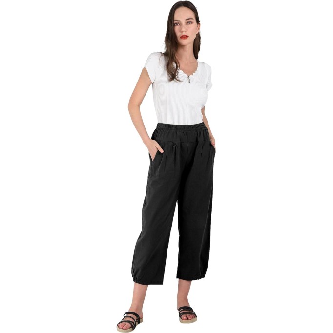 Women's Cropped Harem Pants Elastic Waist Casual Loose Fit Cotton Linen Capris with Pockets