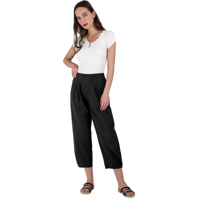 Women's Cropped Harem Pants Elastic Waist Casual Loose Fit Cotton Linen Capris with Pockets