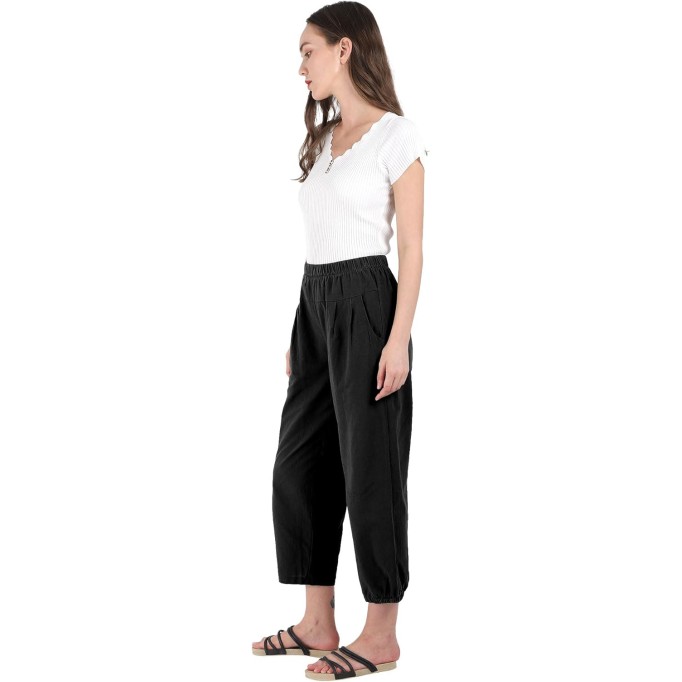 Women's Cropped Harem Pants Elastic Waist Casual Loose Fit Cotton Linen Capris with Pockets