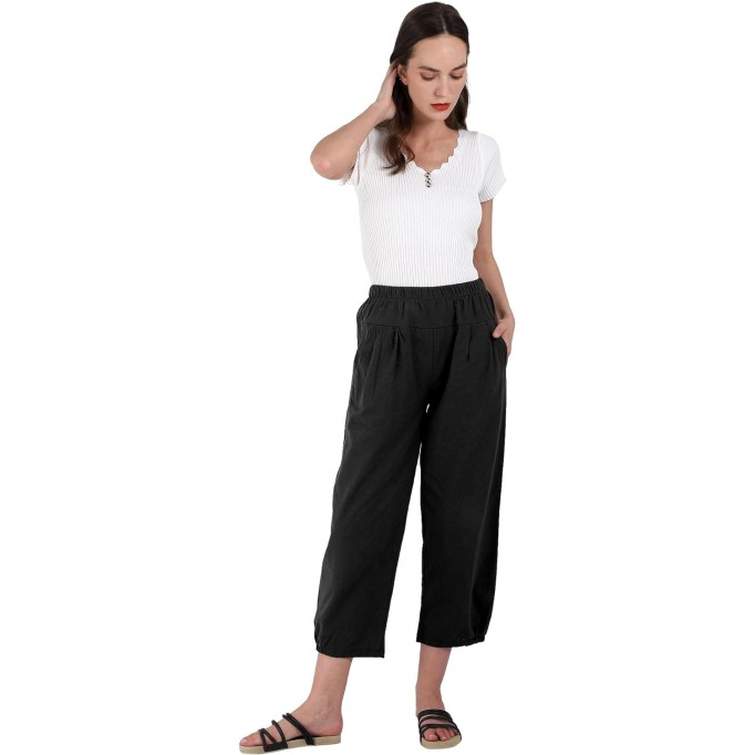 Women's Cropped Harem Pants Elastic Waist Casual Loose Fit Cotton Linen Capris with Pockets