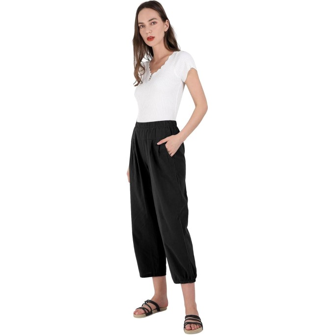 Women's Cropped Harem Pants Elastic Waist Casual Loose Fit Cotton Linen Capris with Pockets