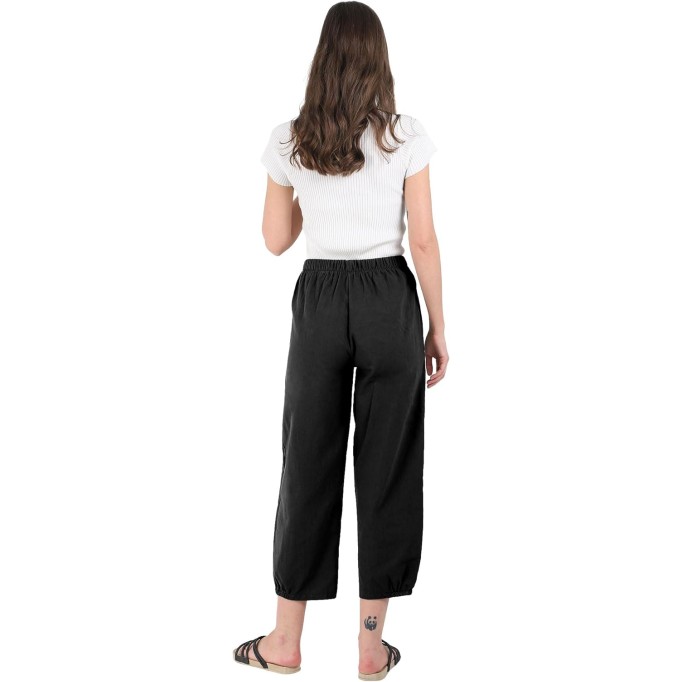 Women's Cropped Harem Pants Elastic Waist Casual Loose Fit Cotton Linen Capris with Pockets