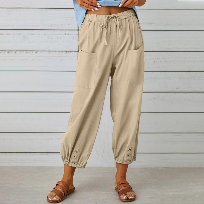 Women's Capri Pants High Waist Drawstring Cinch Bottom with Button Cotton Loose Casual Trouser with Pockets