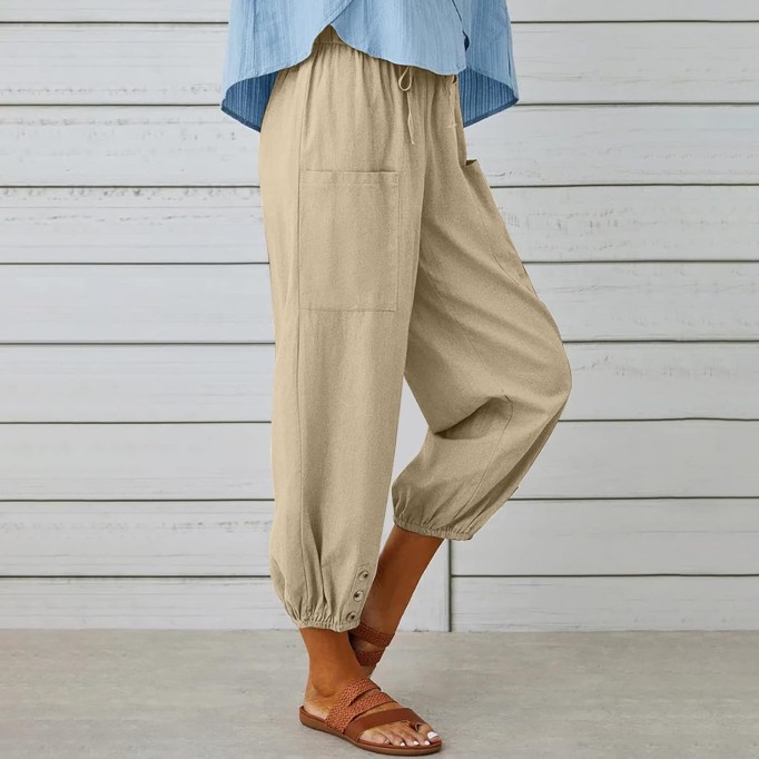 Women's Capri Pants High Waist Drawstring Cinch Bottom with Button Cotton Loose Casual Trouser with Pockets