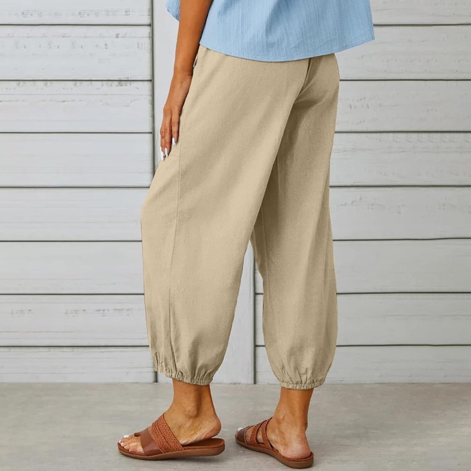 Women's Capri Pants High Waist Drawstring Cinch Bottom with Button Cotton Loose Casual Trouser with Pockets