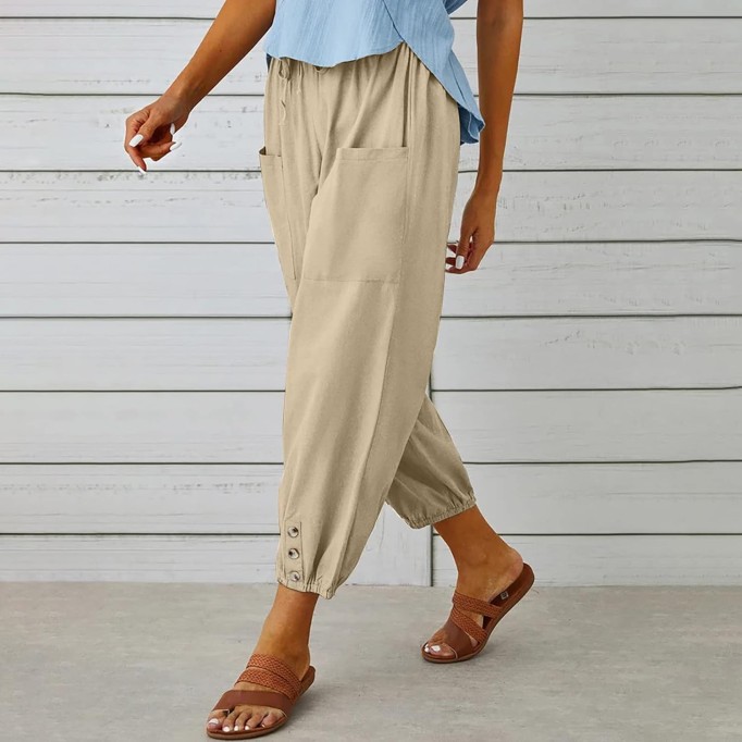 Women's Capri Pants High Waist Drawstring Cinch Bottom with Button Cotton Loose Casual Trouser with Pockets