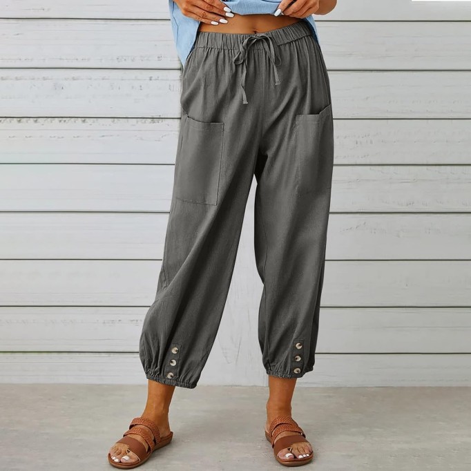 Womens Casual Linen Pants Summer Drawstring Elastic Loose Capri Trousers High Waisted Wide Leg Baggy Slacks