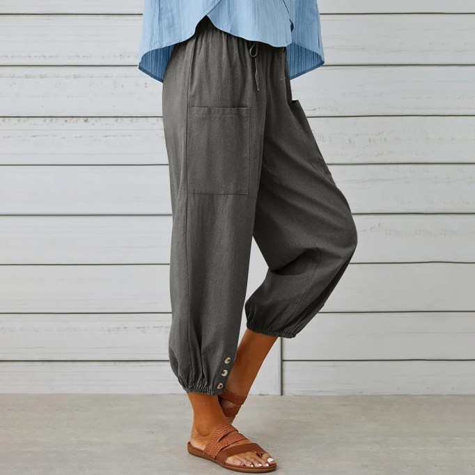 Womens Casual Linen Pants Summer Drawstring Elastic Loose Capri Trousers High Waisted Wide Leg Baggy Slacks