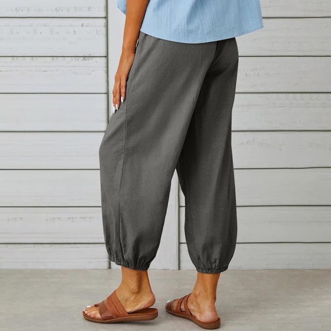 Womens Casual Linen Pants Summer Drawstring Elastic Loose Capri Trousers High Waisted Wide Leg Baggy Slacks