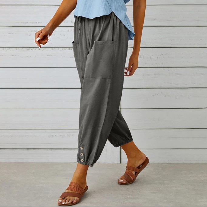 Womens Casual Linen Pants Summer Drawstring Elastic Loose Capri Trousers High Waisted Wide Leg Baggy Slacks