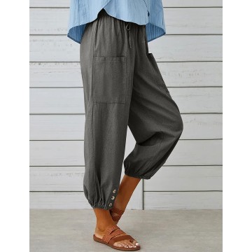 Cotton Linen Capri Pants for Women High Elastic Waisted Drawstring Cropped Pants with Pockets