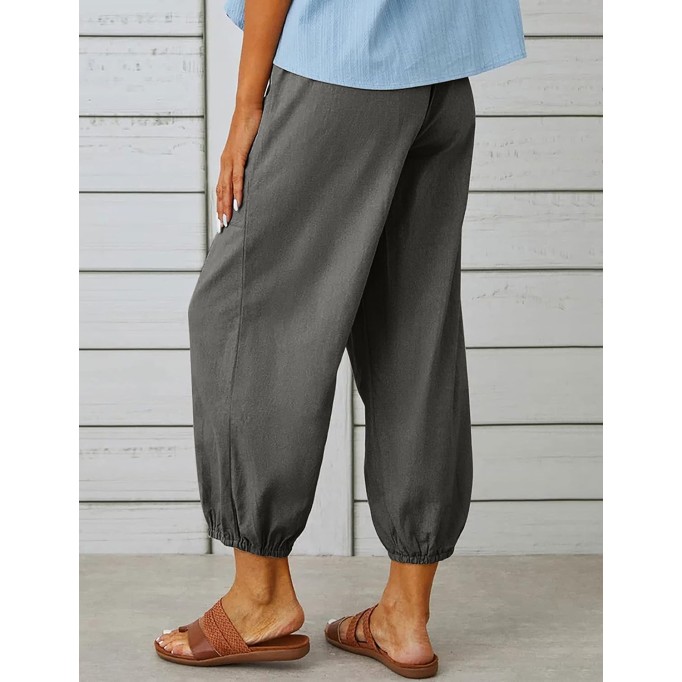 Cotton Linen Capri Pants for Women High Elastic Waisted Drawstring Cropped Pants with Pockets