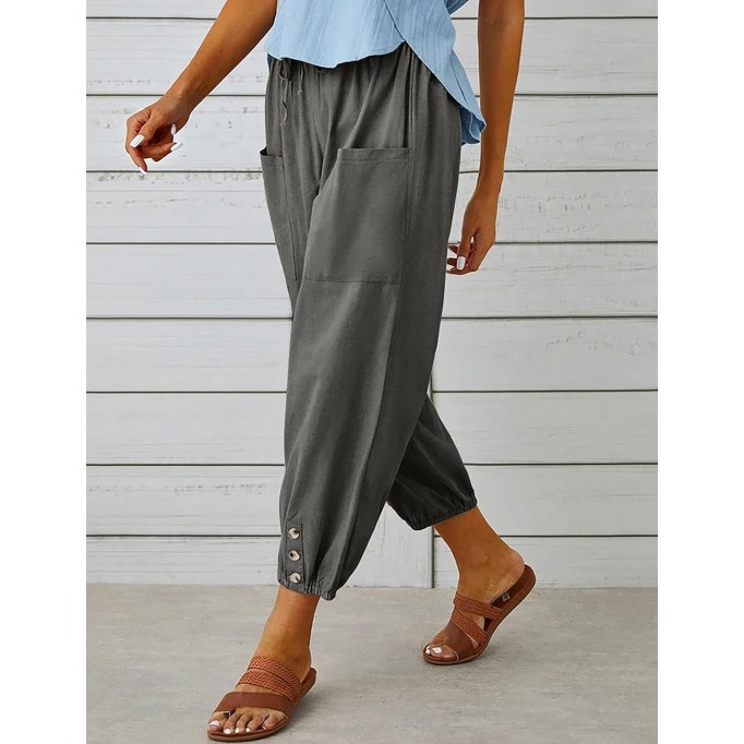 Cotton Linen Capri Pants for Women High Elastic Waisted Drawstring Cropped Pants with Pockets