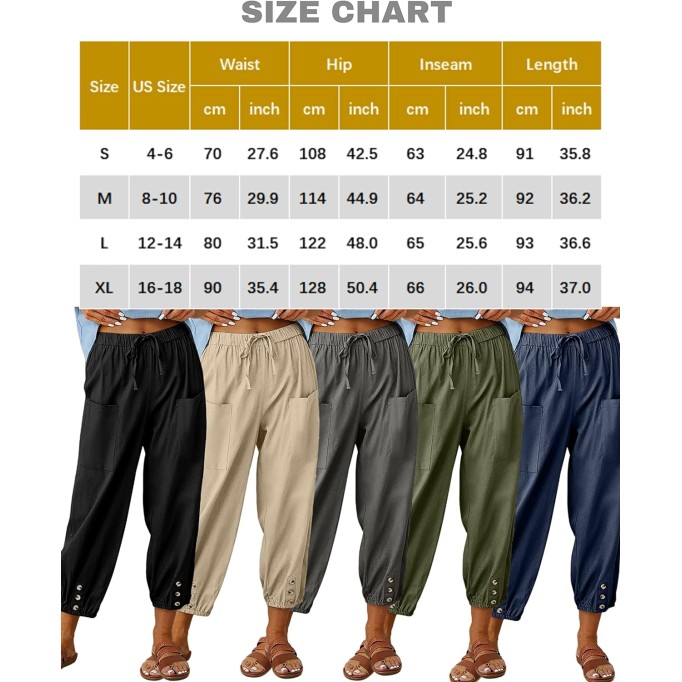 Cotton Linen Capri Pants for Women High Elastic Waisted Drawstring Cropped Pants with Pockets