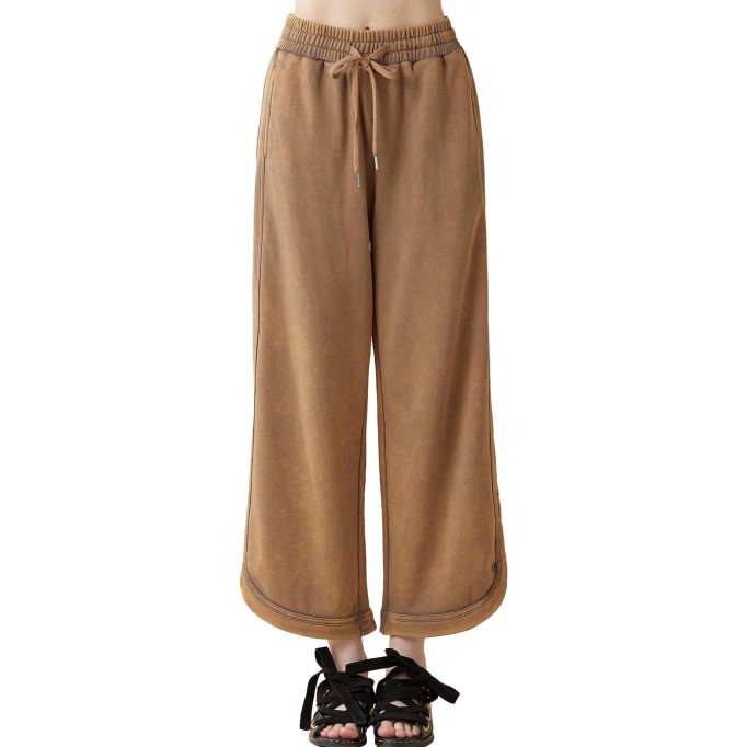 Women's Skin-Friendly Cotton Elastic High Waisted Drawstring Wide Leg Fray Hem Sweatpants