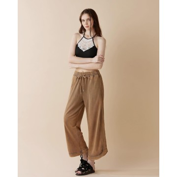 Women's Skin-Friendly Cotton Elastic High Waisted Drawstring Wide Leg Fray Hem Sweatpants