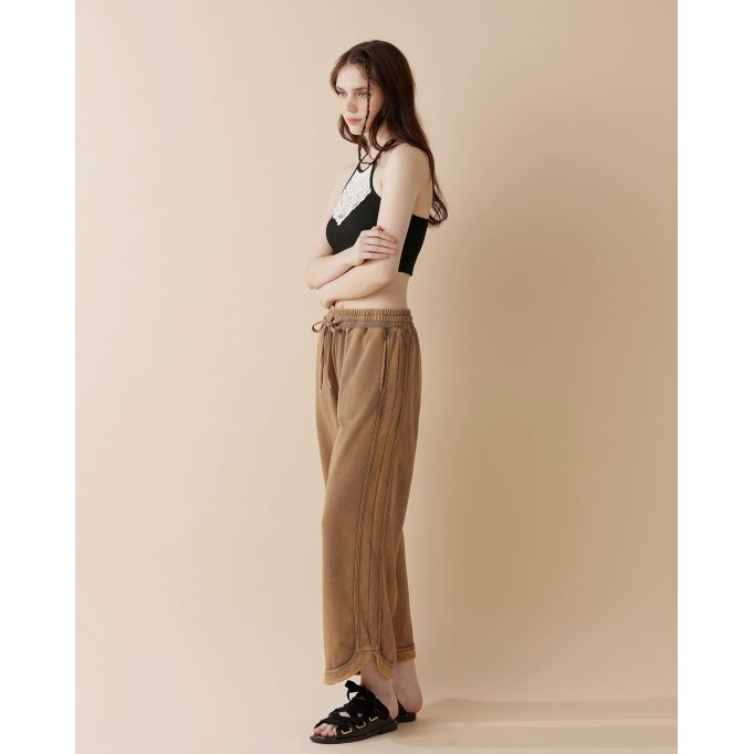 Women's Skin-Friendly Cotton Elastic High Waisted Drawstring Wide Leg Fray Hem Sweatpants