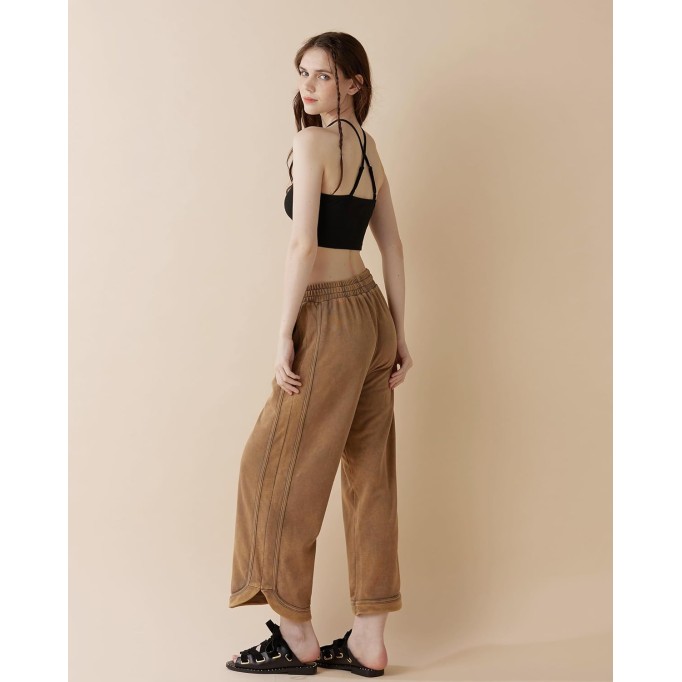 Women's Skin-Friendly Cotton Elastic High Waisted Drawstring Wide Leg Fray Hem Sweatpants