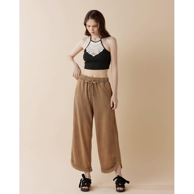 Women's Skin-Friendly Cotton Elastic High Waisted Drawstring Wide Leg Fray Hem Sweatpants