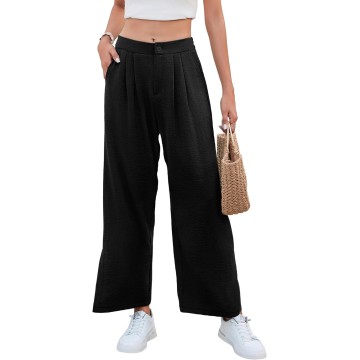 Women's Casual Wide Leg Pants Summer Elastic High Waist Capri Palazzo Trousers with Pockets