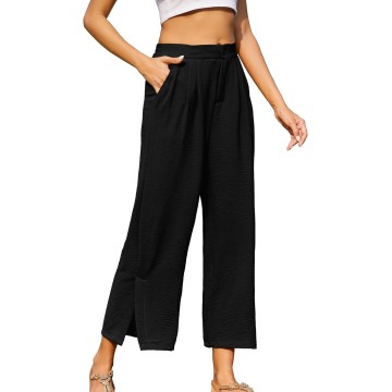 Women's Casual Wide Leg Pants Summer Elastic High Waist Capri Palazzo Trousers with Pockets