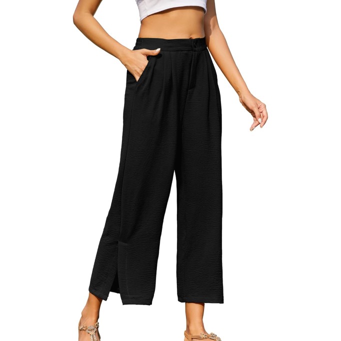 Women's Casual Wide Leg Pants Summer Elastic High Waist Capri Palazzo Trousers with Pockets