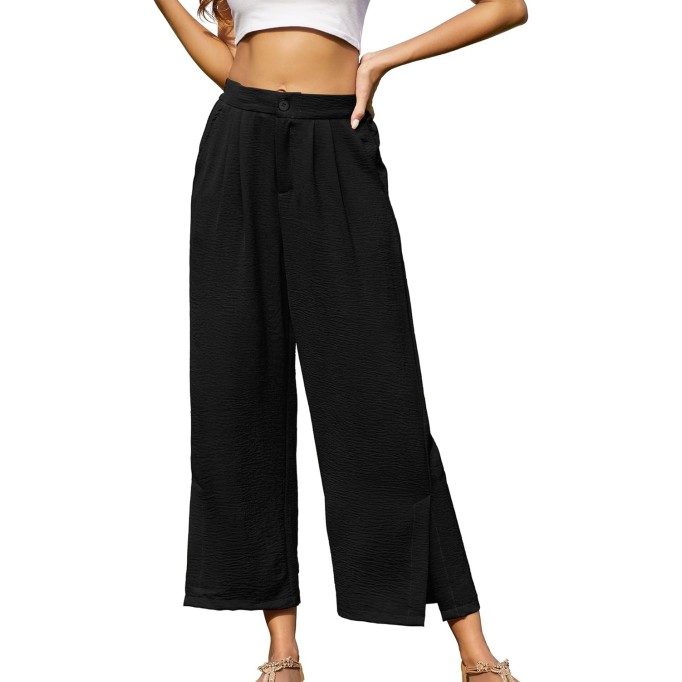 Women's Casual Wide Leg Pants Summer Elastic High Waist Capri Palazzo Trousers with Pockets