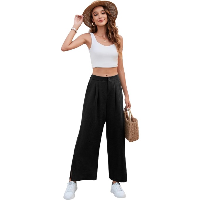 Women's Casual Wide Leg Pants Summer Elastic High Waist Capri Palazzo Trousers with Pockets