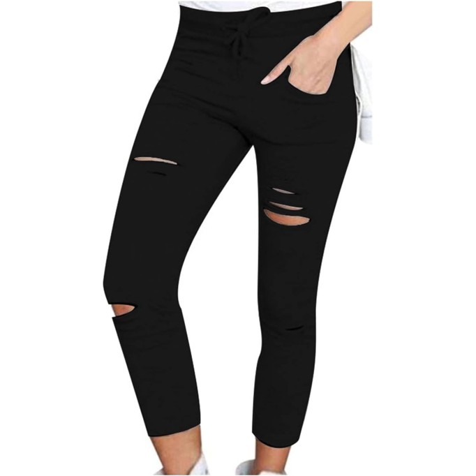 Womens Cropped Pants Knee Length High Waisted Capri Leggings with Hole Pockets Athletic Gym Pants Biker Sweatpants