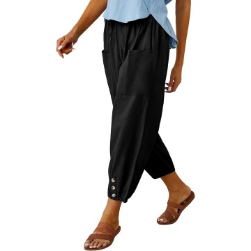 Women's High Waist Pants Drawstring Capri Pants with Pockets Wide Leg Cropped Pants for Women