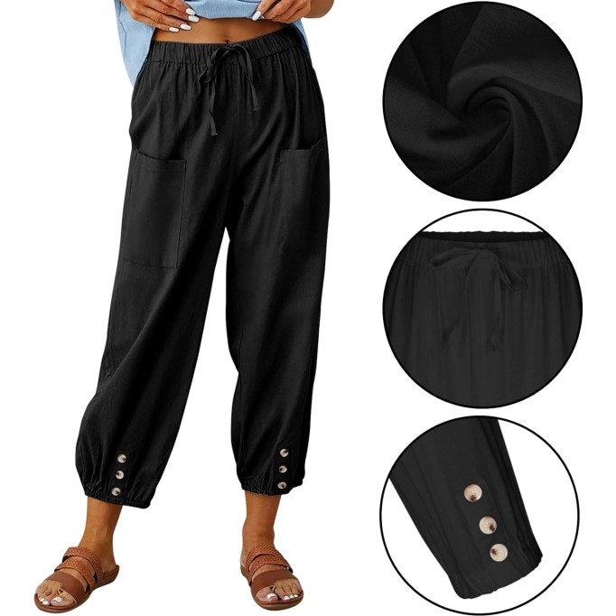 Women's High Waist Pants Drawstring Capri Pants with Pockets Wide Leg Cropped Pants for Women