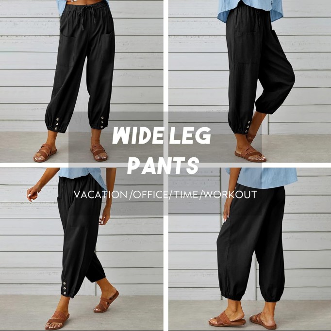 Women's High Waist Pants Drawstring Capri Pants with Pockets Wide Leg Cropped Pants for Women