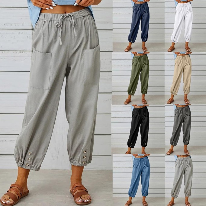 Women's High Waist Pants Drawstring Capri Pants with Pockets Wide Leg Cropped Pants for Women