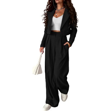 Women's Two Piece Outfits Business Casual Cropped Blazer Jackets and Wide Leg Pants Suit Sets Work Clothes