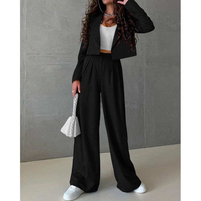 Women's Two Piece Outfits Business Casual Cropped Blazer Jackets and Wide Leg Pants Suit Sets Work Clothes