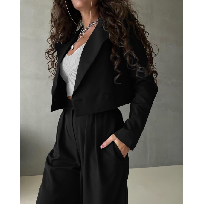 Women's Two Piece Outfits Business Casual Cropped Blazer Jackets and Wide Leg Pants Suit Sets Work Clothes