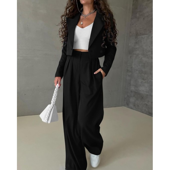 Women's Two Piece Outfits Business Casual Cropped Blazer Jackets and Wide Leg Pants Suit Sets Work Clothes