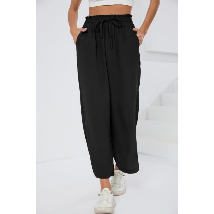 Womens Wide Leg Lounge Pants High Waisted Drawstring Casual Loose Palazzo Trousers with Pockets